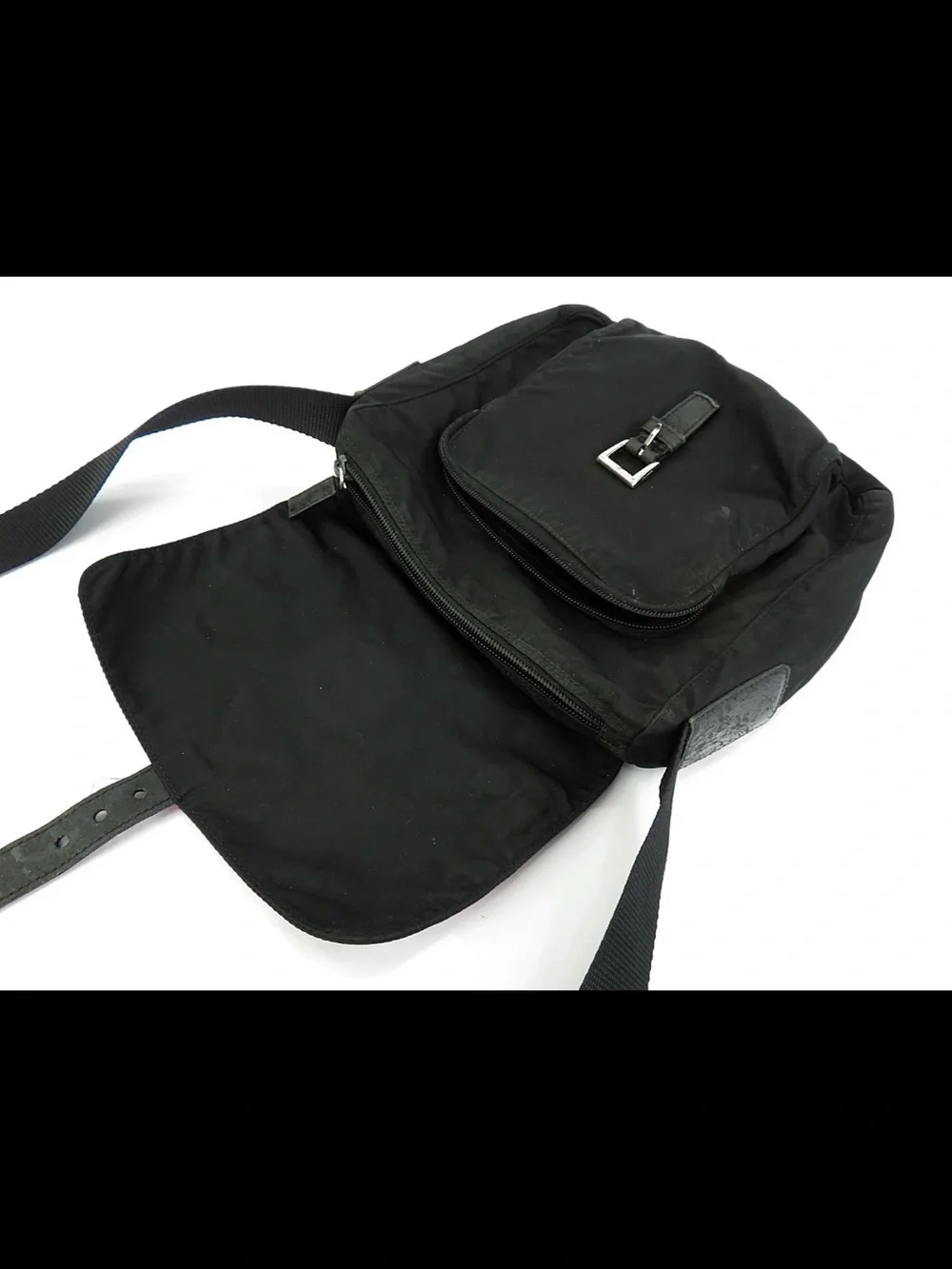 Prada Black Nylon Messenger Bag with Buckle Flap